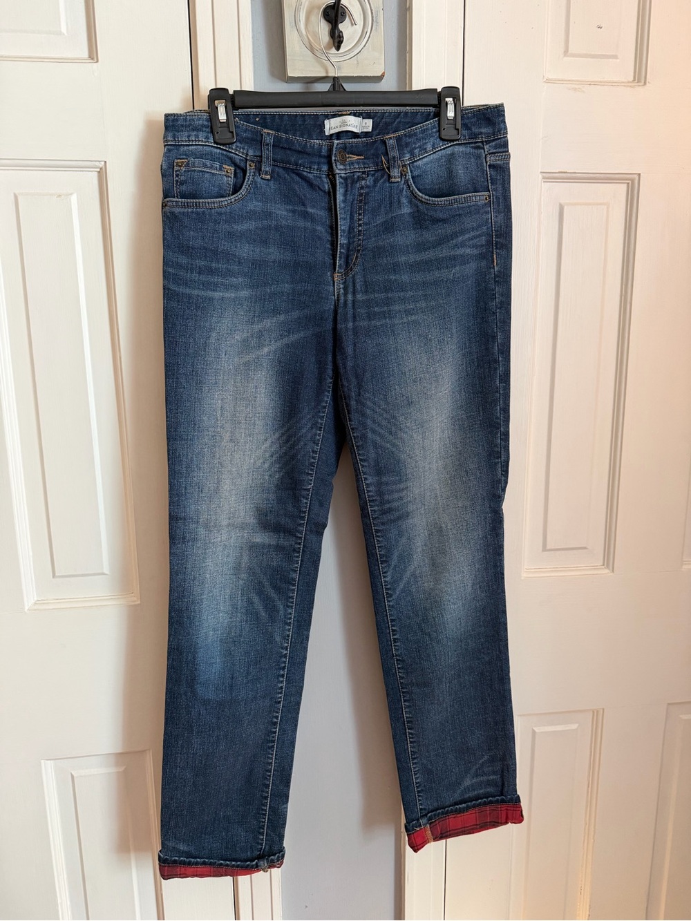 LL Bean Signature Dark Blue Straight Leg Jeans with Red Plaid Flannel Lining